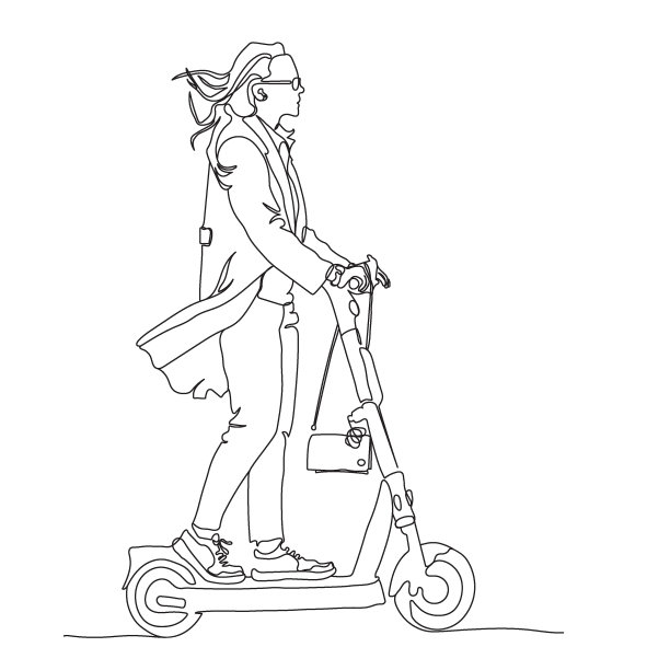 戴眼镜的女人骑着电动滑板车。穿着大衣，提包在手。替代城市交通。黑白矢量插图在线艺术风格。图片下载