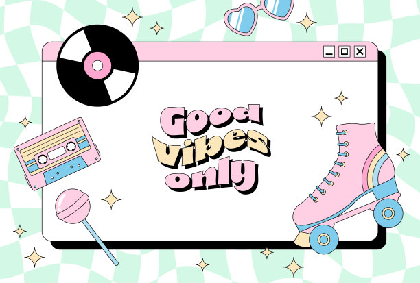 90年代或千年虫风格矢量背景与可爱的图标横幅，卡片，传单，社交媒体壁纸等。图片下载