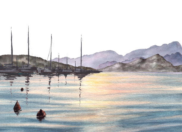 海景水彩画与山，港口游艇，渔船和海上浮标手绘插图图片下载