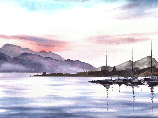 海景水彩画配山，游艇港口渔船海浮标手绘插画图片下载