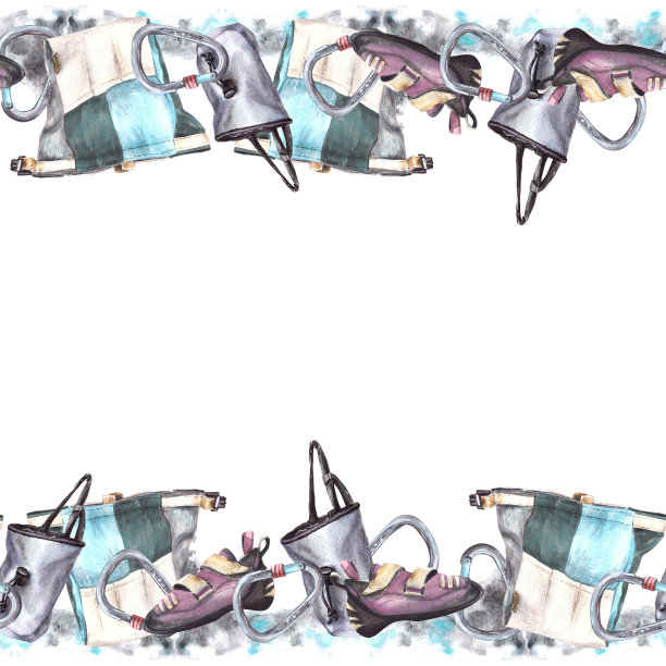 攀岩包与锁扣和抱石鞋。无缝框架隔离。手绘插图图片下载