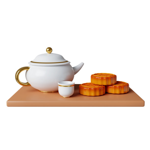 3d茶和月饼套装。中秋节。图标孤立的黄色背景。3d渲染图。剪切路径。图片下载