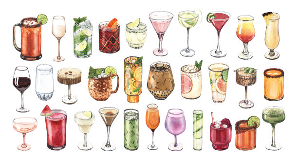 水彩鸡尾酒杯套装:马提尼，杜松子酒，葡萄酒，玛格丽塔酒，高脚杯，白酒，朗姆酒。手绘插图孤立在白色背景。完美的食谱与酒精饮料，咖啡馆图片下载