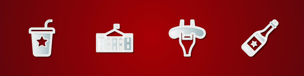 设置纸玻璃与吸管，美国国会大厦，香肠的叉子和香槟瓶图标。向量图片下载