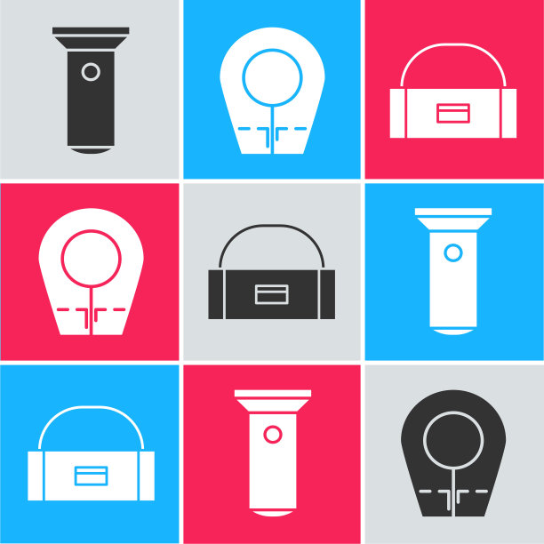 设置手电筒，潜水罩和案件或盒子容器摆动图标。向量图片下载