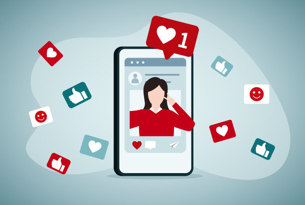 社交媒体概念。网络喜欢者，快乐的社交媒体，喜欢或来自远程的积极反馈。上传自拍并接收点赞通知。图片下载