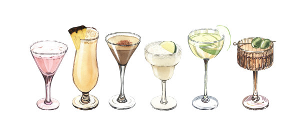 水彩鸡尾酒杯套装:马提尼，杜松子酒，葡萄酒，玛格丽塔酒，高脚杯，白酒，朗姆酒。手绘插图孤立在白色背景。完美的食谱与酒精饮料，咖啡馆图片下载
