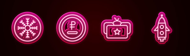 设线雪花，卢布，卢布货币，乌桑卡和火箭船。发光的霓虹灯图标。向量图片下载