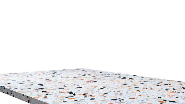 前景的水磨石大理石桌角用作产品在背景上与剪贴路径隔离。石桌透视图，显示桌的边缘。图片下载