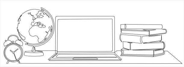电脑、笔记本、地球仪、书堆、闹钟的连续线条绘制。书房空间书桌概念。回到学校。单线绘制设计矢量插图图片下载