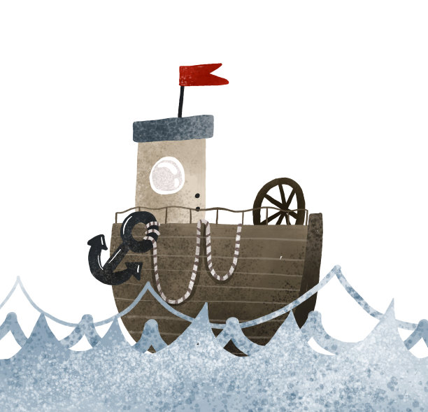 有锚和红旗的木船。男孩的图片。手绘插图，独立设计的印刷品，纺织品，贴纸图片下载