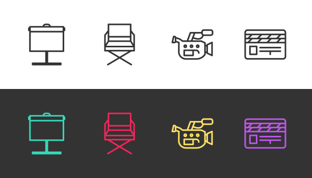 设置线投影屏幕，导演电影椅，电影摄影机和电影拍手在黑白。向量图片下载