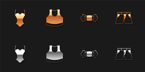 套装泳装，女性露脐上衣，领结和短裤或裤子图标。向量图片下载