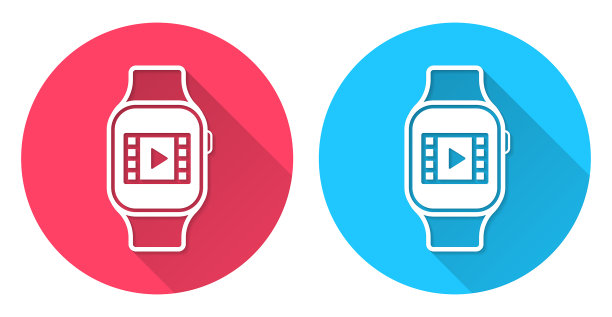 在智能手表上看视频。圆形图标与长阴影在红色或蓝色的背景图片下载