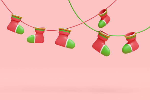 3d圣诞袜子隔离在粉红色的背景。彩旗圣诞快乐，新年快乐，3d渲染插图图片下载