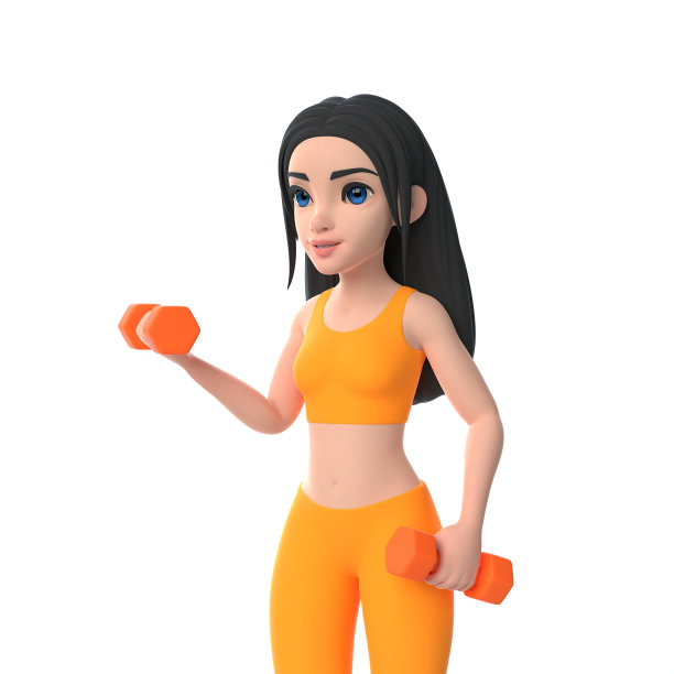 卡通人物，穿着运动服的女人，在白色的背景上拿着哑铃做运动图片下载