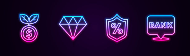 设置线美元工厂，钻石，贷款百分比和银行大楼。发光的霓虹灯图标。向量图片下载
