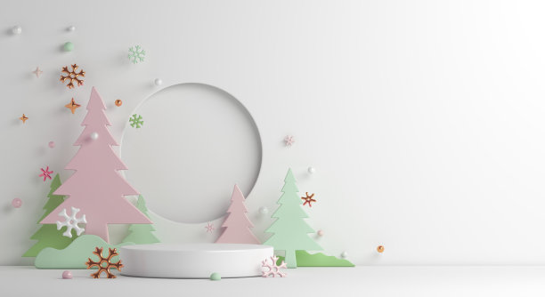 冬季展示讲台背景配雪、云杉卡通风格，3d渲染插画图片下载