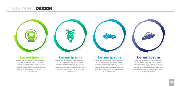采购产品集火车和铁路，摩托车，汽车和快艇。业务信息图表模板。向量图片下载