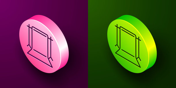 空的照片工作室图标孤立在紫色和绿色的背景。屏幕的背景。圆按钮。向量图片下载