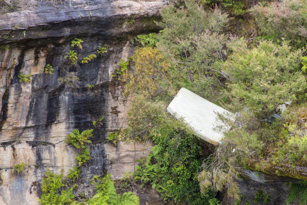 一张白色大床垫的照片，它被扔进了一个山沟，在树木、蕨类植物和岩石之间，被当作垃圾丢弃。图片下载