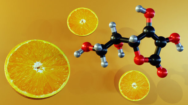 抗坏血酸或维生素c分子与半切的橙子图片下载