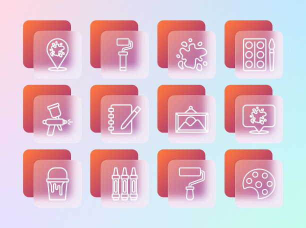 集线水彩颜料在盒子里，蜡笔绘画，画风景，油漆辊刷，笔记本，喷雾，和图标。向量图片下载