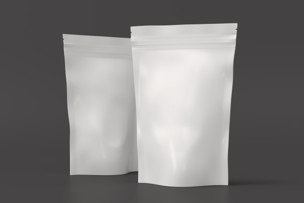 白色包装袋的茶，咖啡，零食在灰色背景的模型图片下载