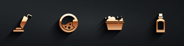 集吸尘器，洗衣机，盆与肥皂泡沫和瓶子清洗剂图标长阴影。向量图片下载