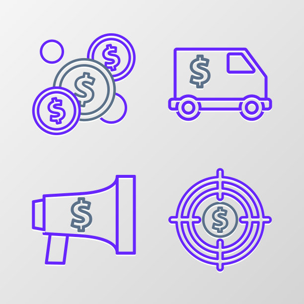 设定线目标与美元，扩音器和，装甲卡车和硬币的图标。向量图片下载