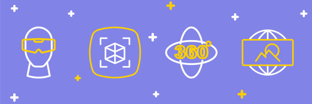 设置线条广角画面，360度视图，3d建模和虚拟现实眼镜图标。向量图片下载