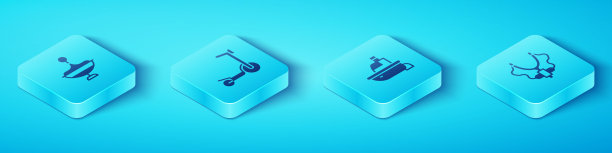 集等距旋转玩具，滑板车，弹弓和玩具船图标。向量图片下载