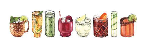水彩鸡尾酒杯套装:马提尼，杜松子酒，葡萄酒，玛格丽塔酒，高脚杯，白酒，朗姆酒。手绘插图孤立在白色背景。完美的食谱与酒精饮料，咖啡馆图片下载