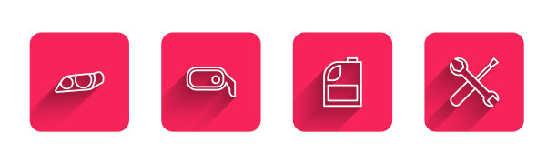 汽车前灯、后视镜、马达机油罐、长影螺丝刀、扳手。红色方块按钮。向量图片下载