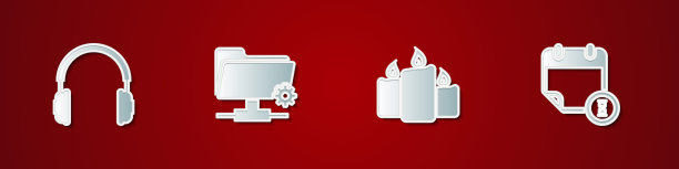 设置耳机，FTP设置文件夹，燃烧的蜡烛和日历时钟图标。向量图片下载