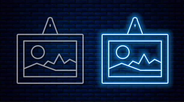 发光的霓虹灯线图片图标孤立的砖墙背景。向量图片下载