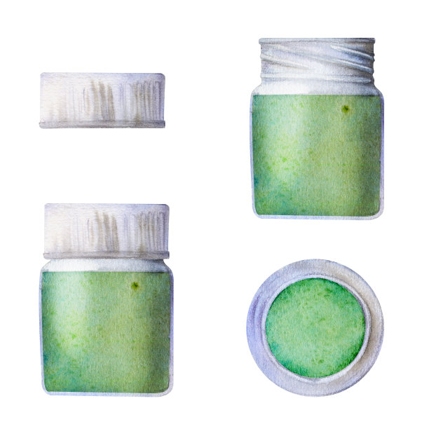 水彩画手绘插画，儿童儿童绘画材料用品，绿色带盖瓶盖，可关闭可打开。孤立在白色上的单个物体。用于学校，商店，聚会，卡片，网站图片下载