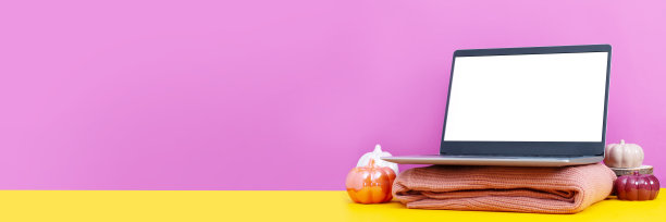 桌子上的笔记本电脑带有极简的秋季或秋季装饰，黄色和紫色柔和的颜色，季节性的商业概念图片下载
