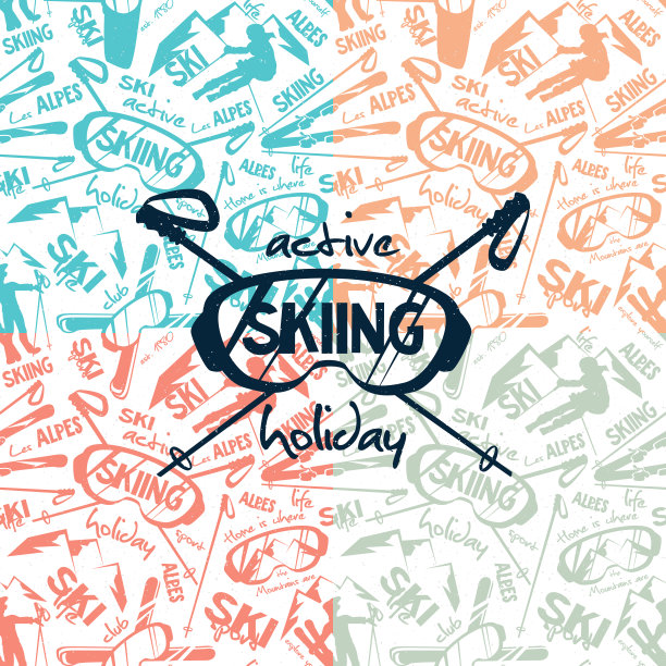 滑雪概念在平面风格。滑雪者带着滑雪板，戴着运动眼镜，还有白色背景上刻有铭文的山脉。多色无缝剪影背景。图片下载