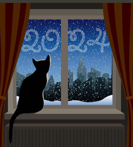 猫在看冬天的城市。2024年新年图片下载