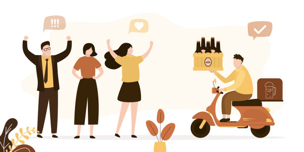 快递员骑着摩托车送新鲜啤酒。朋友们喝啤酒。年轻人想要开始娱乐、放松、喝酒、喝啤酒的聚会。图片下载