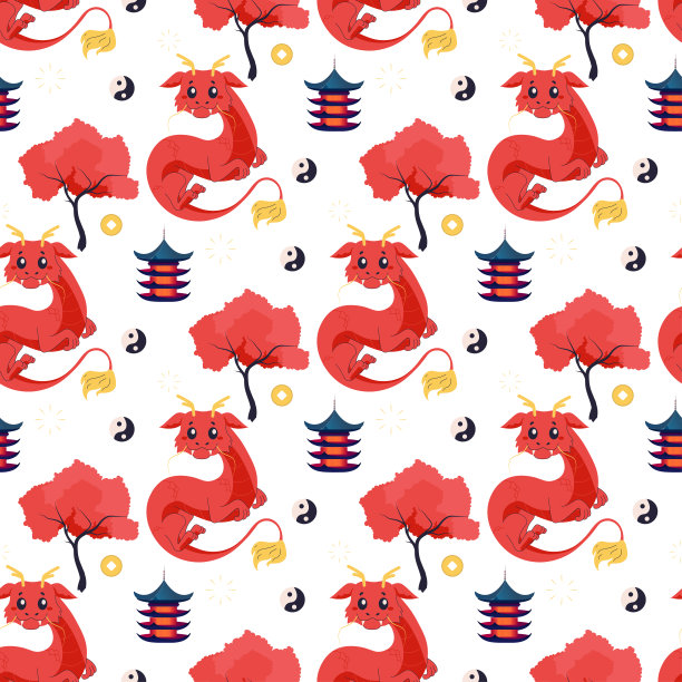 无缝花纹中国龙，红色可爱2024。图片下载