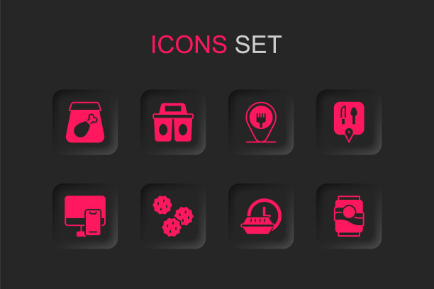 设置饼干或饼干，咖啡杯带走，在线订购餐，24小时送货，咖啡馆和餐馆的位置，汽水罐，和食品图标。向量图片下载