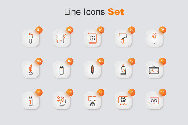 设置线电脑设计程序，喷漆，木画架，记号笔，图片景观，管调色板和图标。向量图片下载