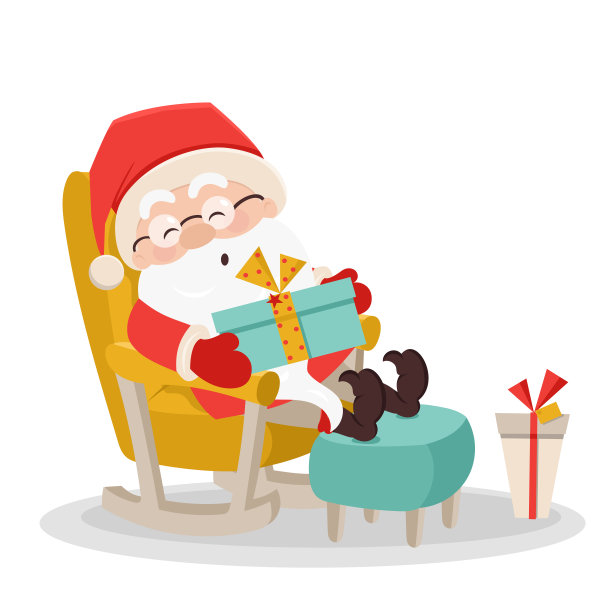 可爱的圣诞老人睡在扶手椅上，腿搭在蒲团上，手里拿着礼盒。圣诞节，新年彩色矢量插图。卡通风格的圣诞老人收藏。幽默图片下载