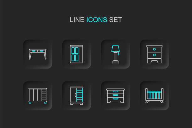 集线婴儿床摇篮床，抽屉柜，衣柜，家具床头柜，落地灯，和办公室办公桌图标。向量图片下载