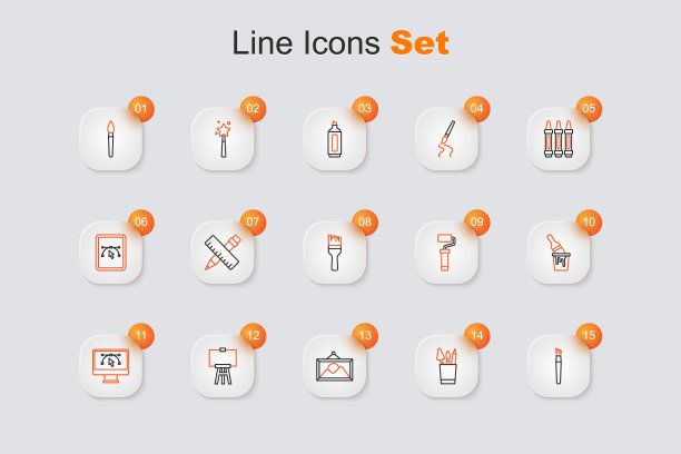 设置线画笔，铅笔盒文具，图片景观，木画架，电脑与设计程序，桶，滚筒和图标。向量图片下载