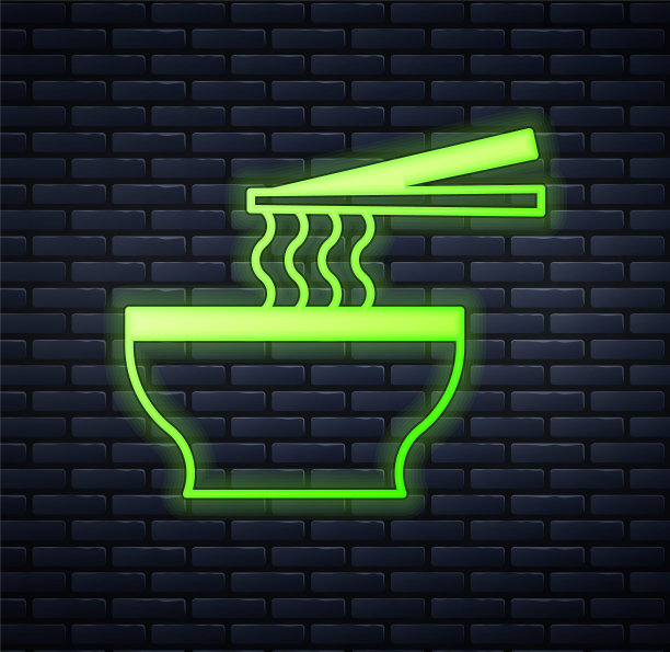 发光的霓虹亚洲面条在碗和筷子图标孤立的砖墙背景。街头快餐。韩国菜、日本菜、中国菜。向量图片下载