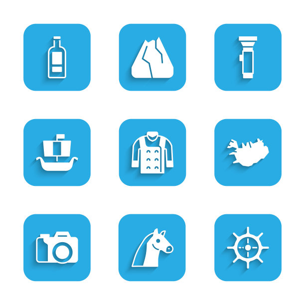 集毛衣，马，船方向盘，冰岛地图，照相机，海盗船德拉卡，手电筒和瓶子伏特加图标。向量图片下载