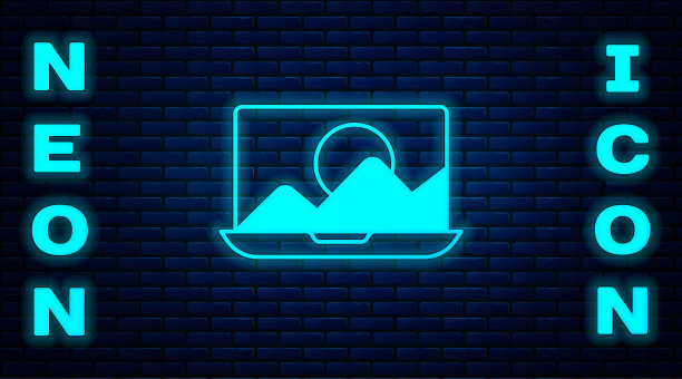 发光的霓虹灯照片修饰图标孤立的砖墙背景。摄影师，摄影，润饰图标。向量图片下载